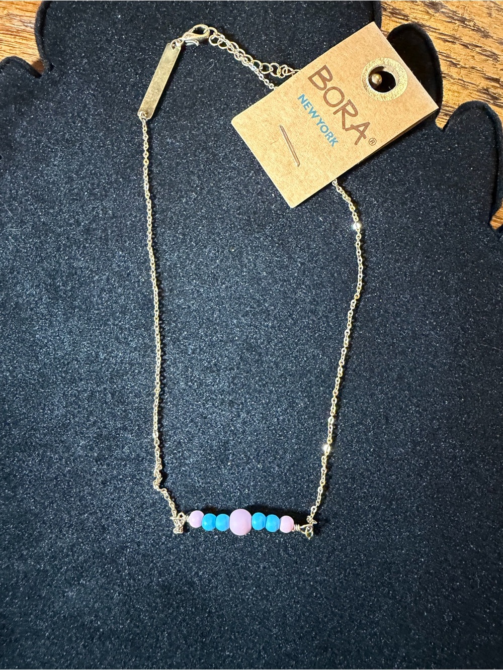 Bora Gold Chain Necklace with Pink and Blue Beads